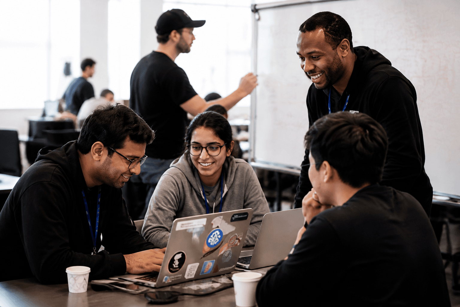 A team collaborating around a laptop during an enterprise hackathon